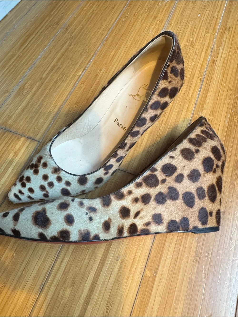 Christian Louboutin Leopard Print Calf Hair Pointed Wedge Pumps - Brown/Black